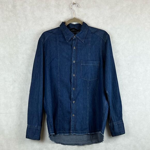 Kenneth Cole Blue Denim Fringed Long Sleeve Casual Shirt - Picture 1 of 7